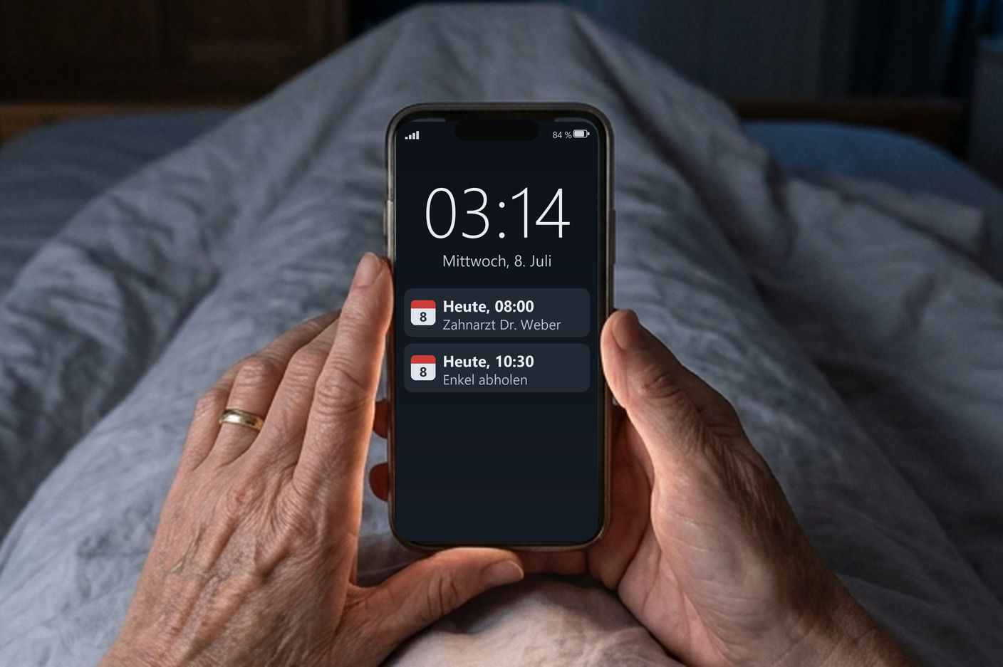 3:14 Uhr nachts wach im Bett, auf dem Handy die Termine von heute